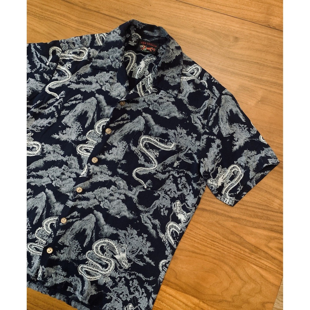 Vintage Red Dragon By Kennington Shirt Mens M Gray Black Short Sleeve AOP Button